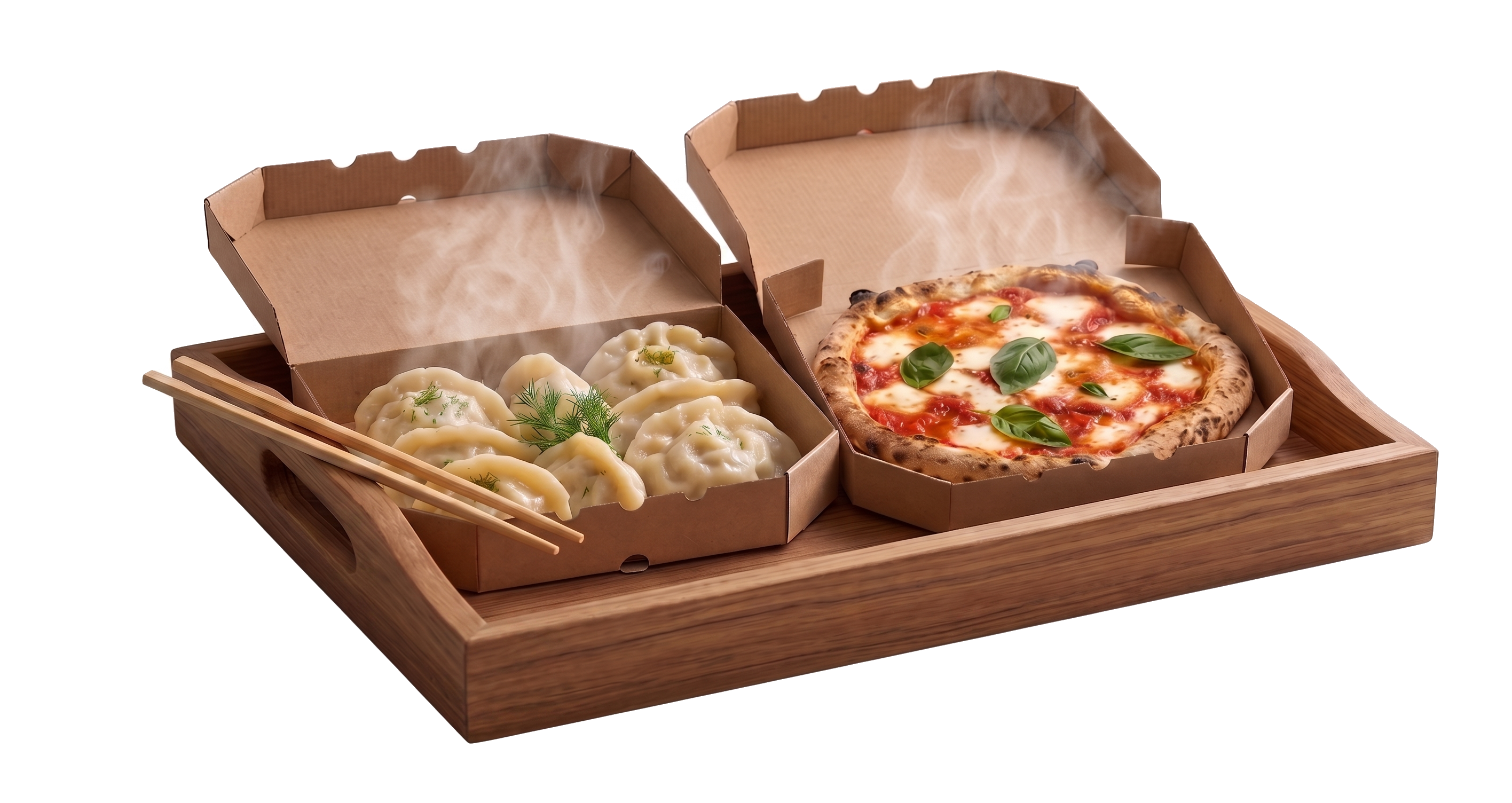 Drewniana taca z pierogami i pizzą — Multi-Pickup